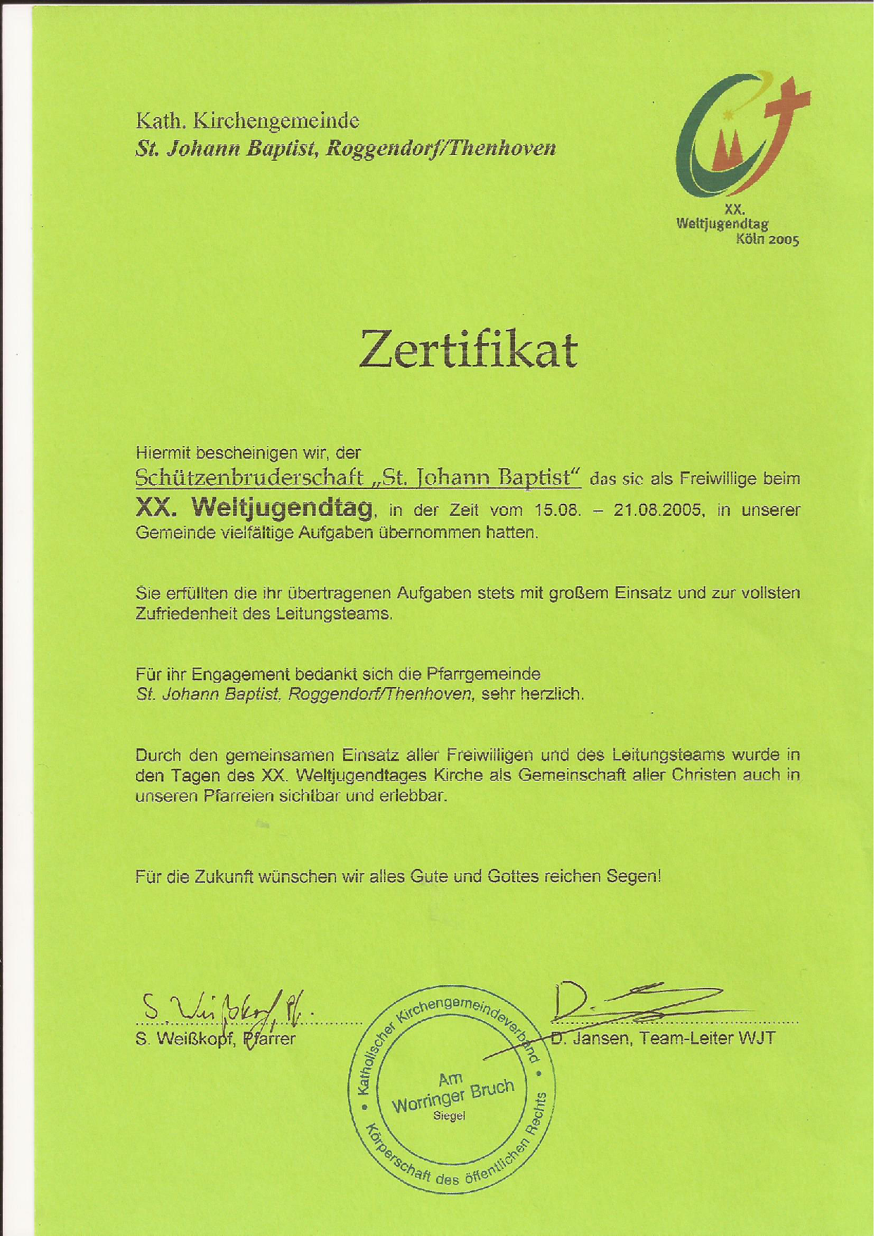 2005 Zertifikat zum XX Weltjugendtag